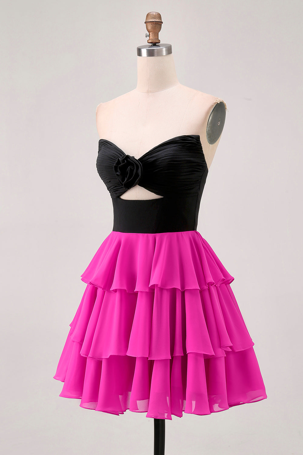 Black and Fuchsia Floral Keyhole Short Homecoming Dress with Ruffles