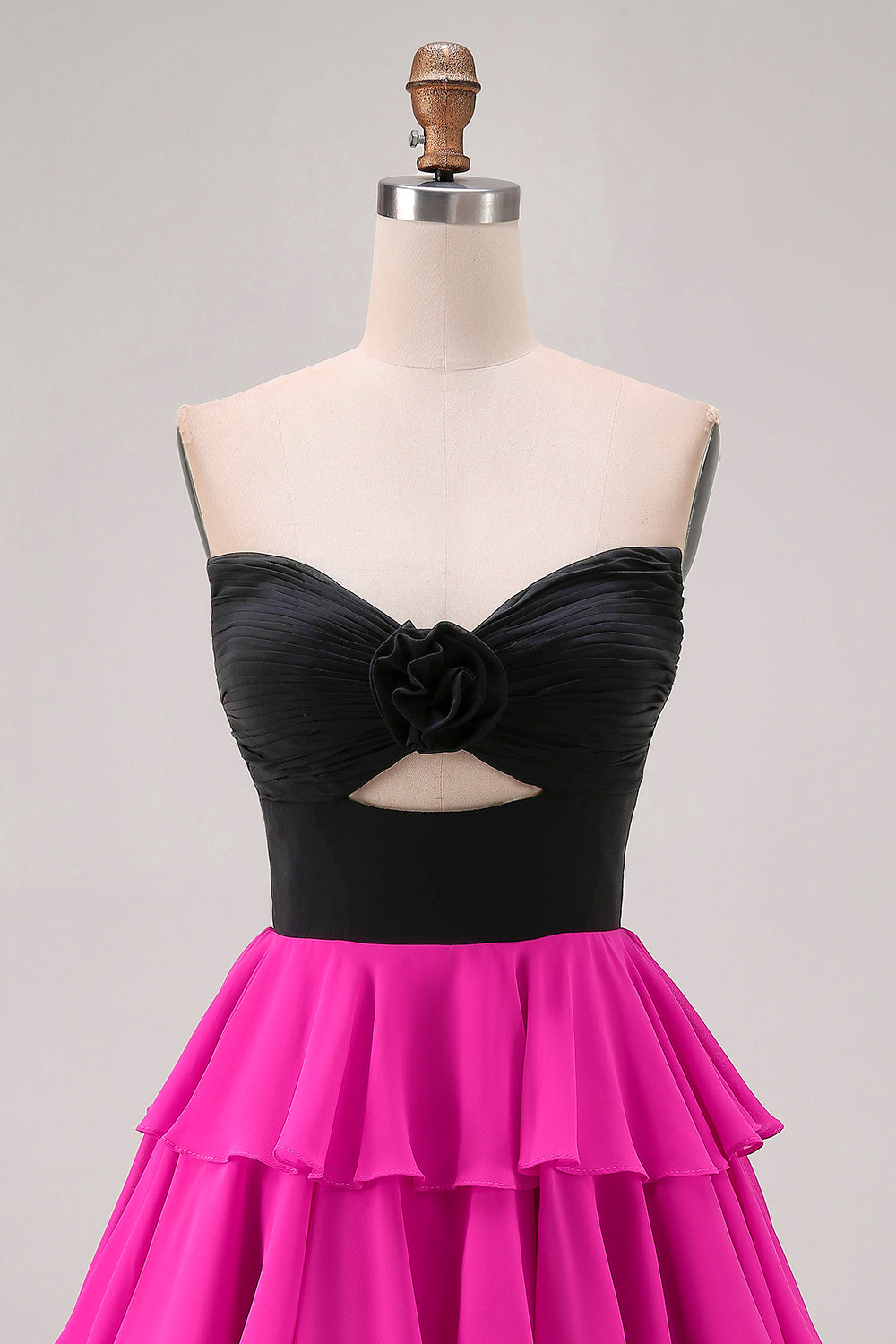 Black and Fuchsia Floral Keyhole Short Homecoming Dress with Ruffles