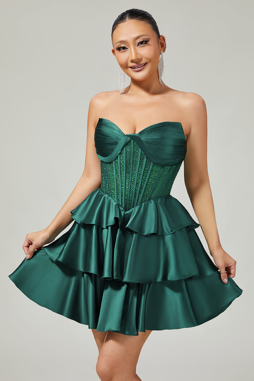 Sparkly Dark Green Strapless Short Corset Homecoming Dress with Beading