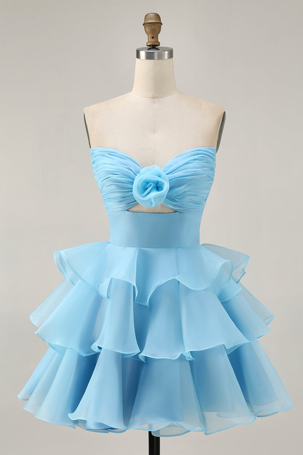 Blue Floral Strapless Ruched Short Homecoming Dress with Ruffles