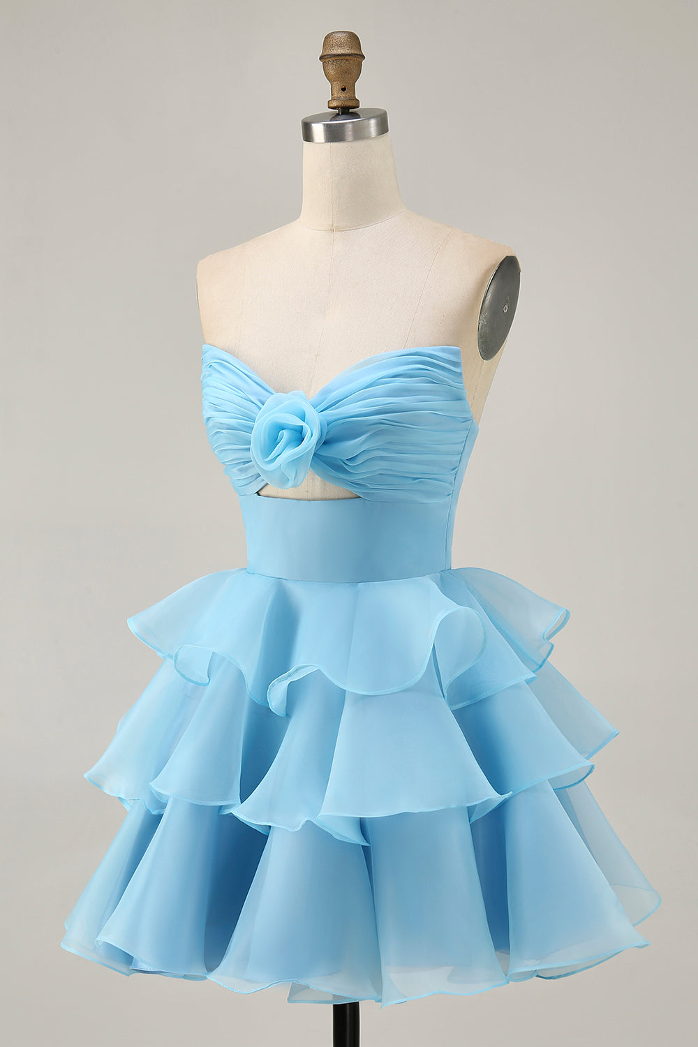 Blue Floral Strapless Ruched Short Homecoming Dress with Ruffles