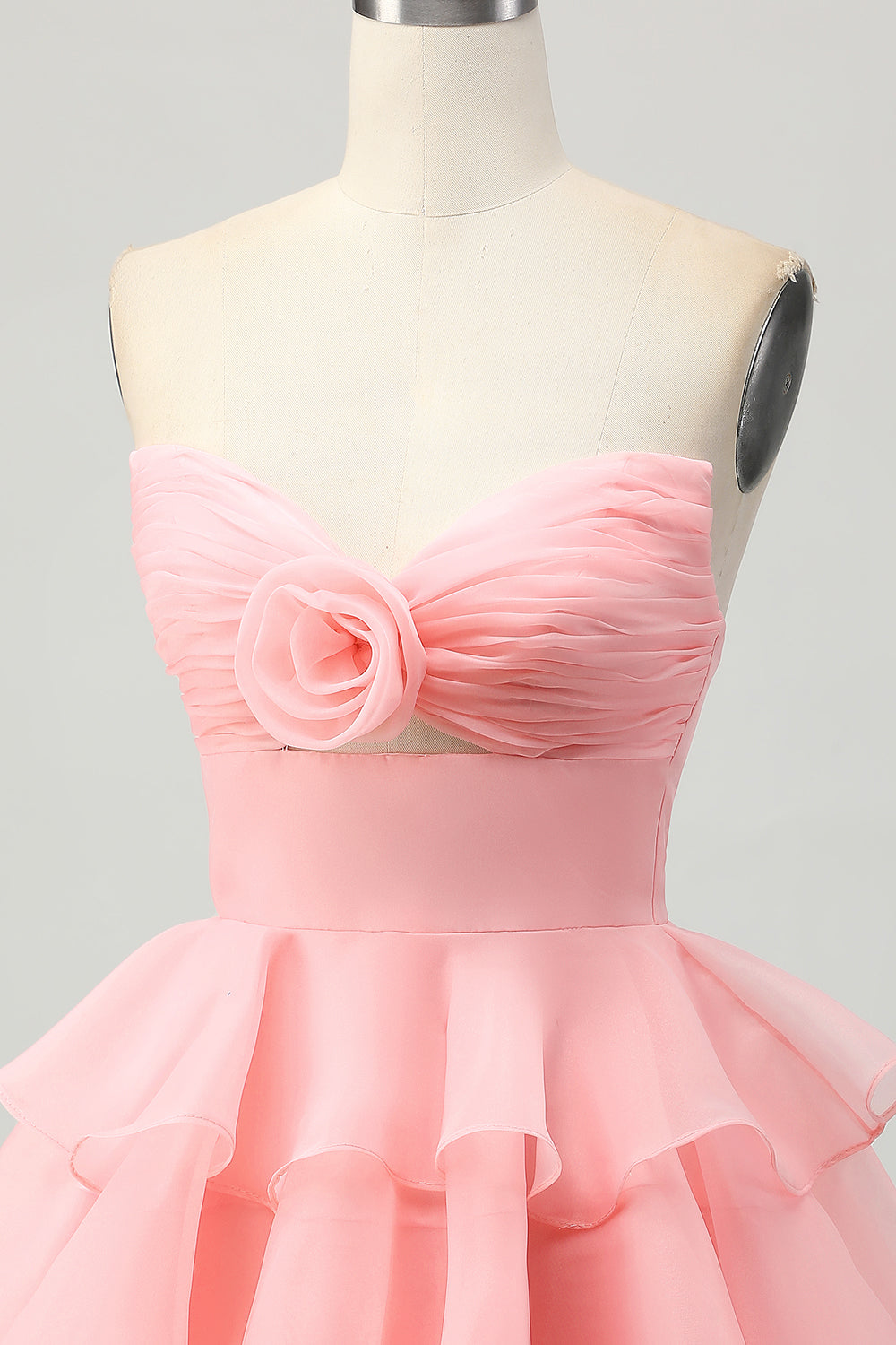 Blush Strapless Floral Ruched Short Homecoming Dress with Ruffles
