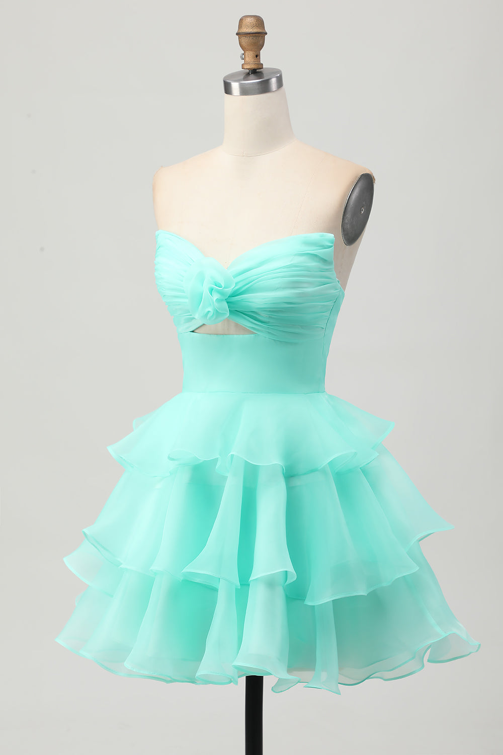 Green Floral Strapless Ruched Short Homecoming Dress with Ruffles