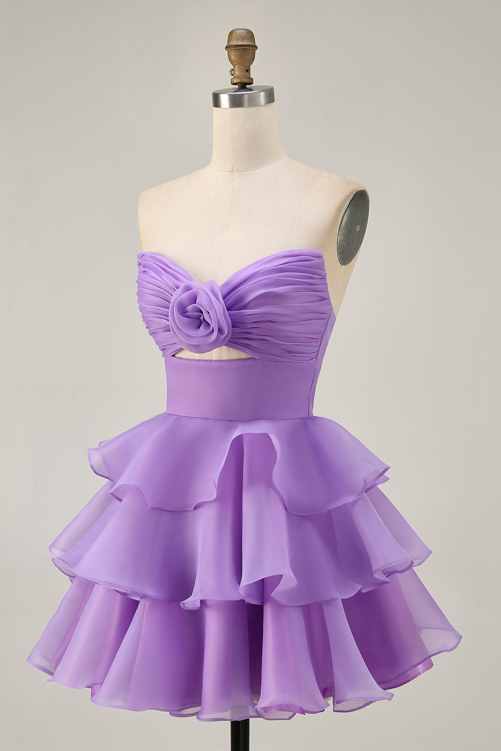 Purple Floral Strapless Short Tiered Homecoming Dress with Ruffles