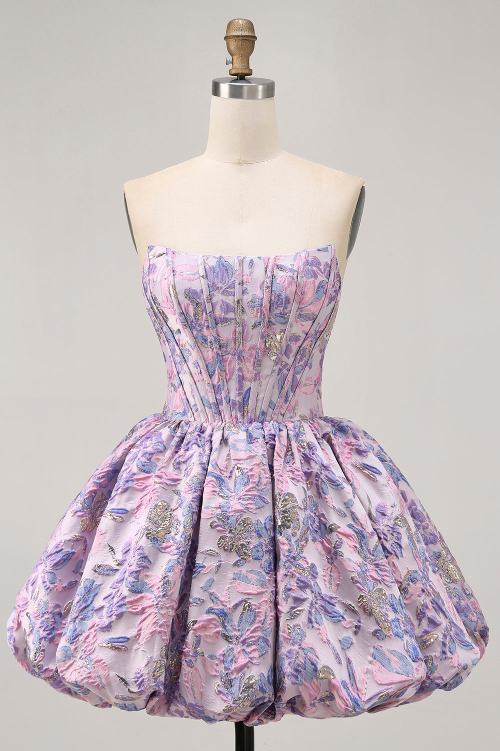 Purple Floral Strapless Corset A Line Short Homecoming Dress