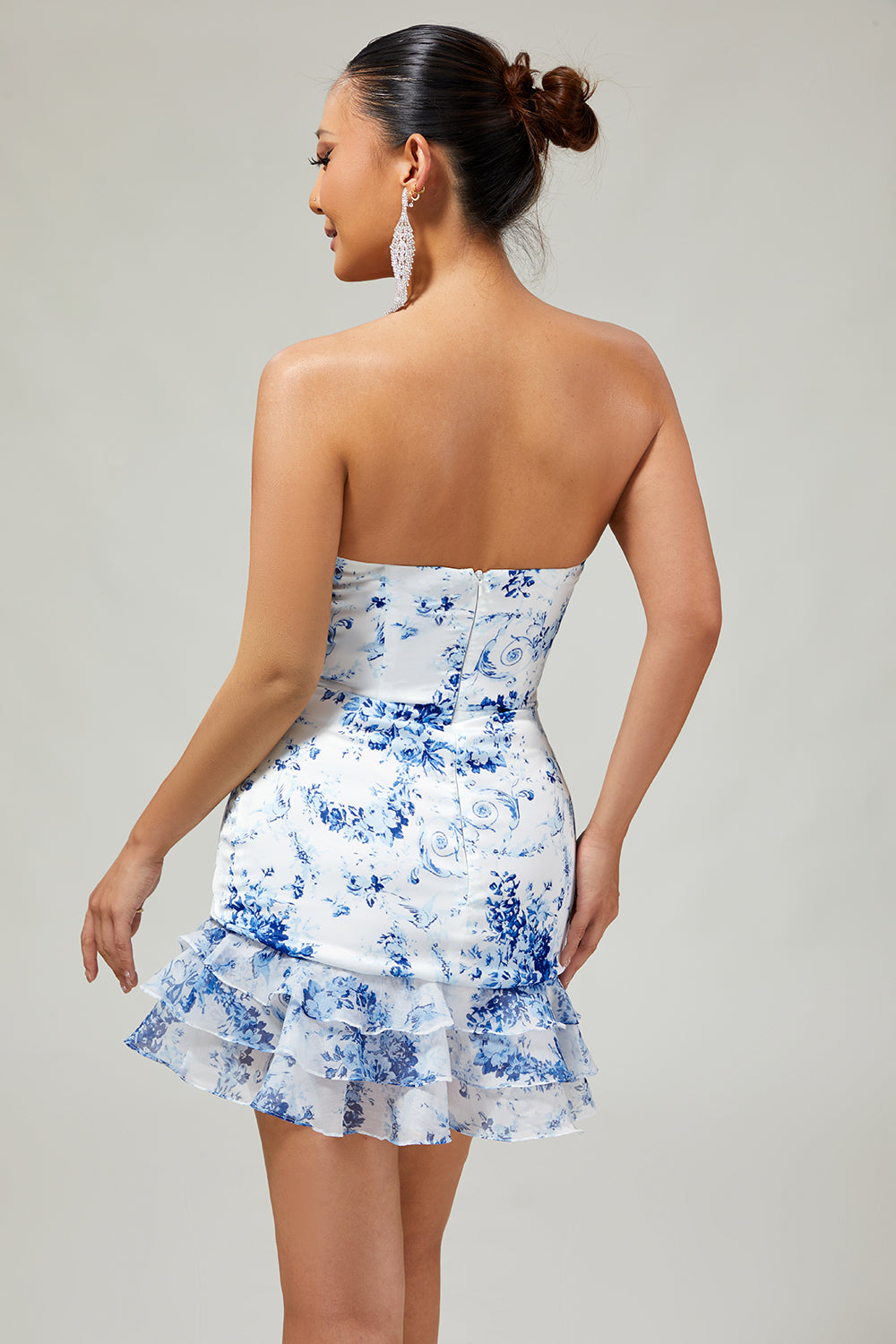 White Blue Flower Tight Strapless Short Homecoming Dress with Bow