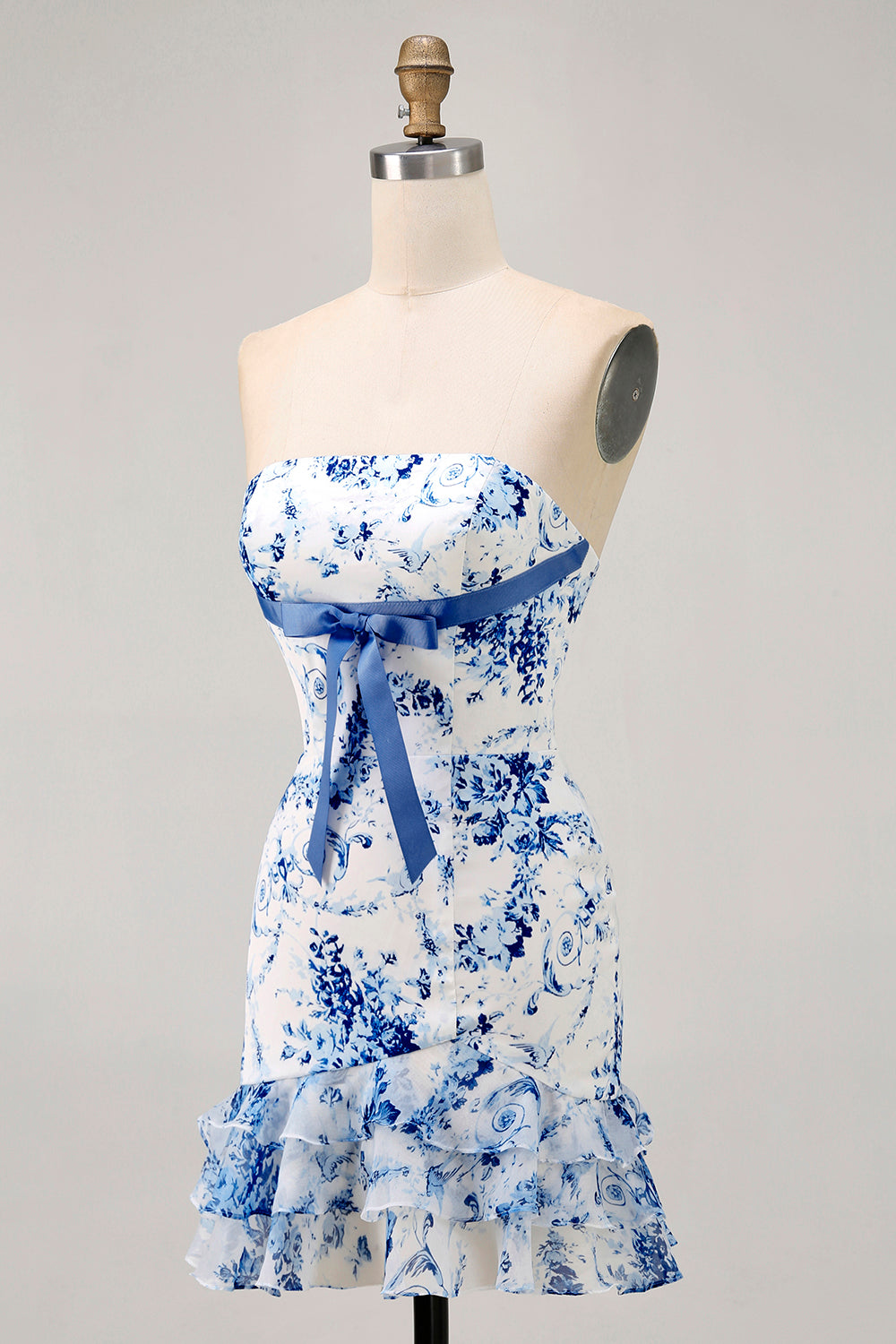 White Blue Flower Tight Strapless Short Homecoming Dress with Bow