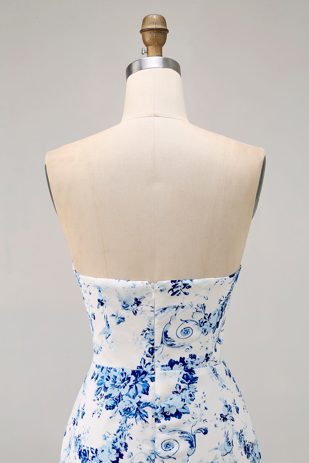 White Blue Flower Tight Strapless Short Homecoming Dress with Bow