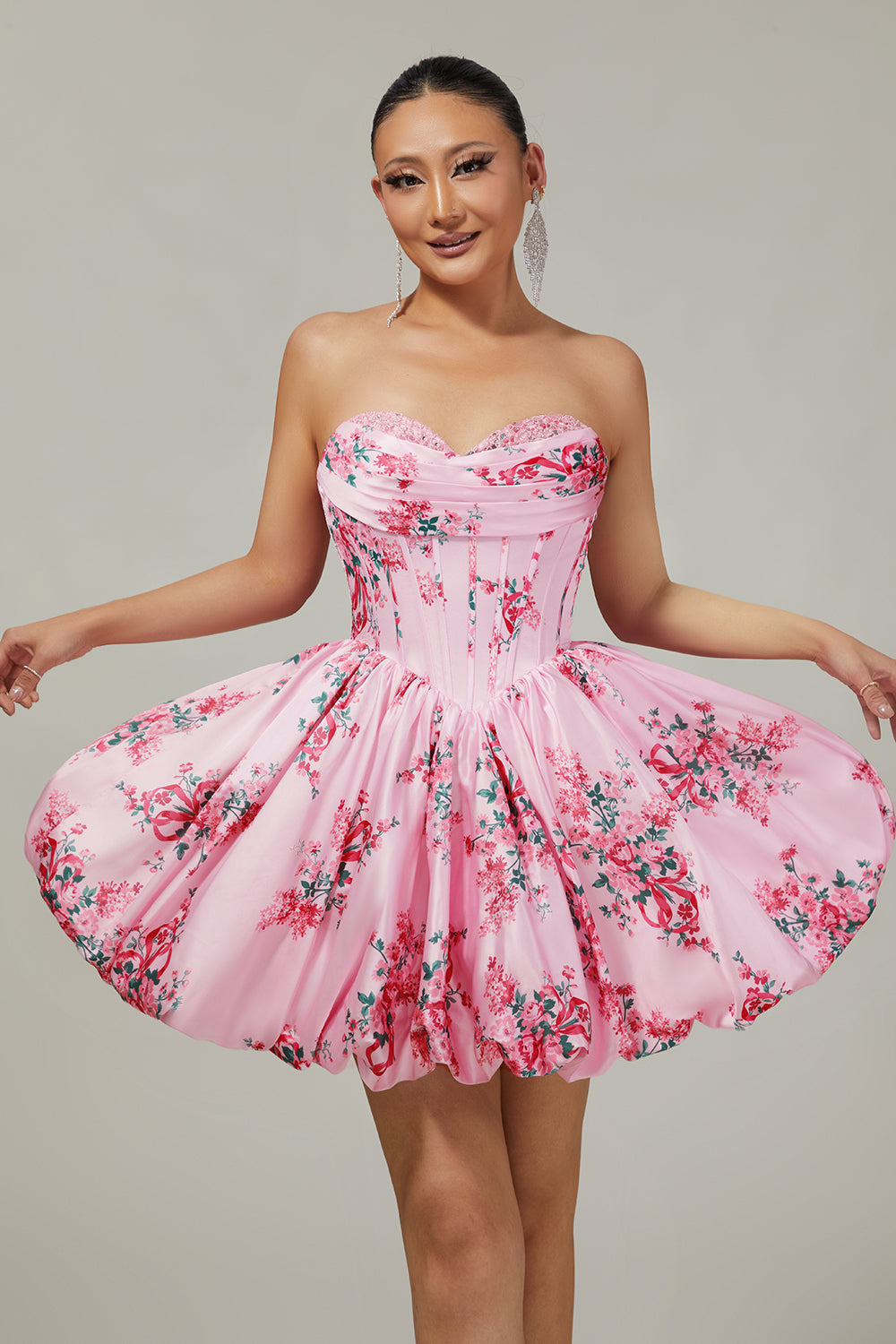 Pink Sweetheart Floral Corset Short Homecoming Dress