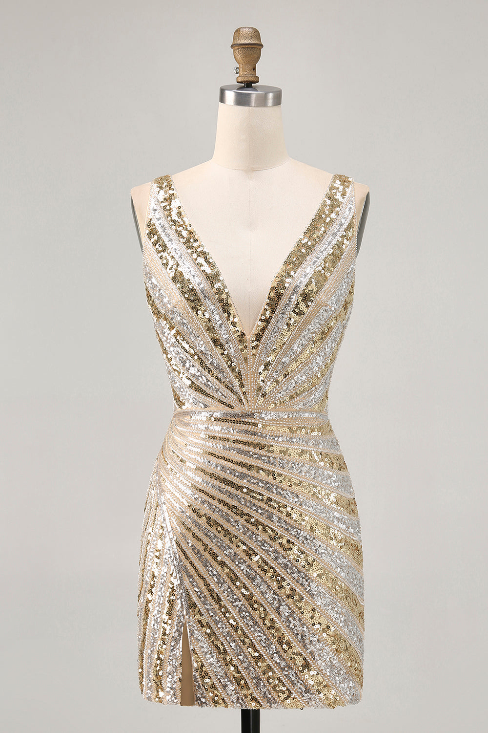 Sparkly Golden Tight Deep V-Neck Short Homecoming Dress with Beading