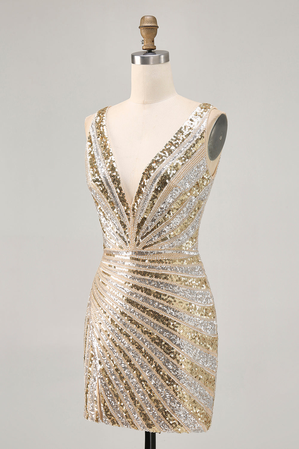 Sparkly Golden V-Neck Beaded Tight Short Homecoming Dress