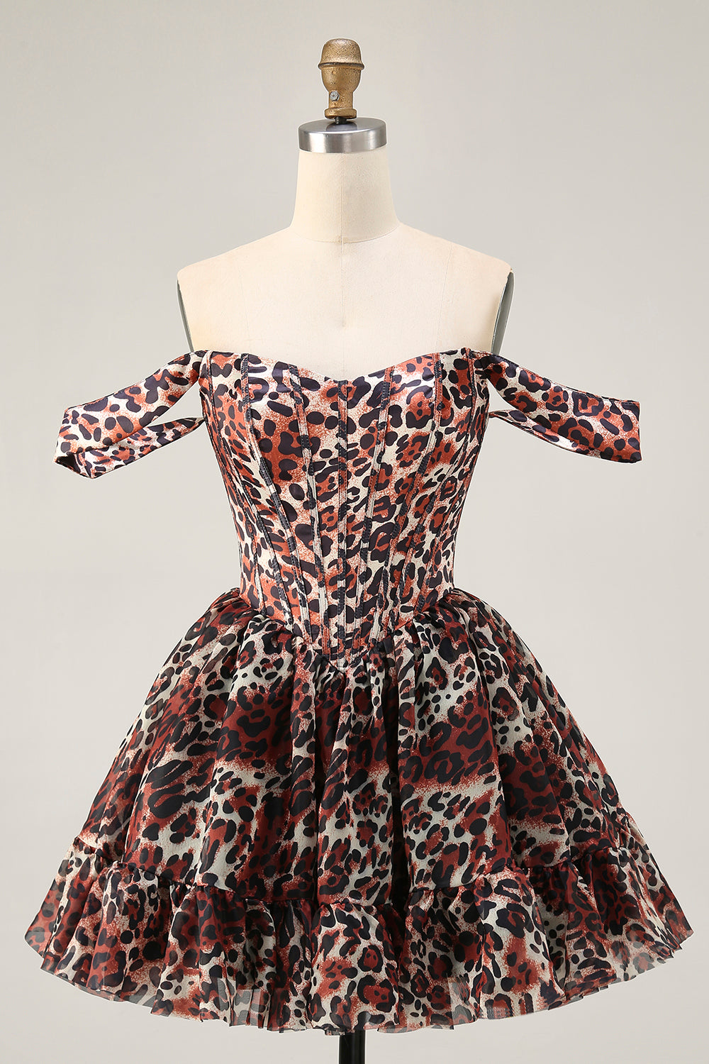 Khaki Cheetah Print Corset Off the Shoulder Short Homecoming Dress