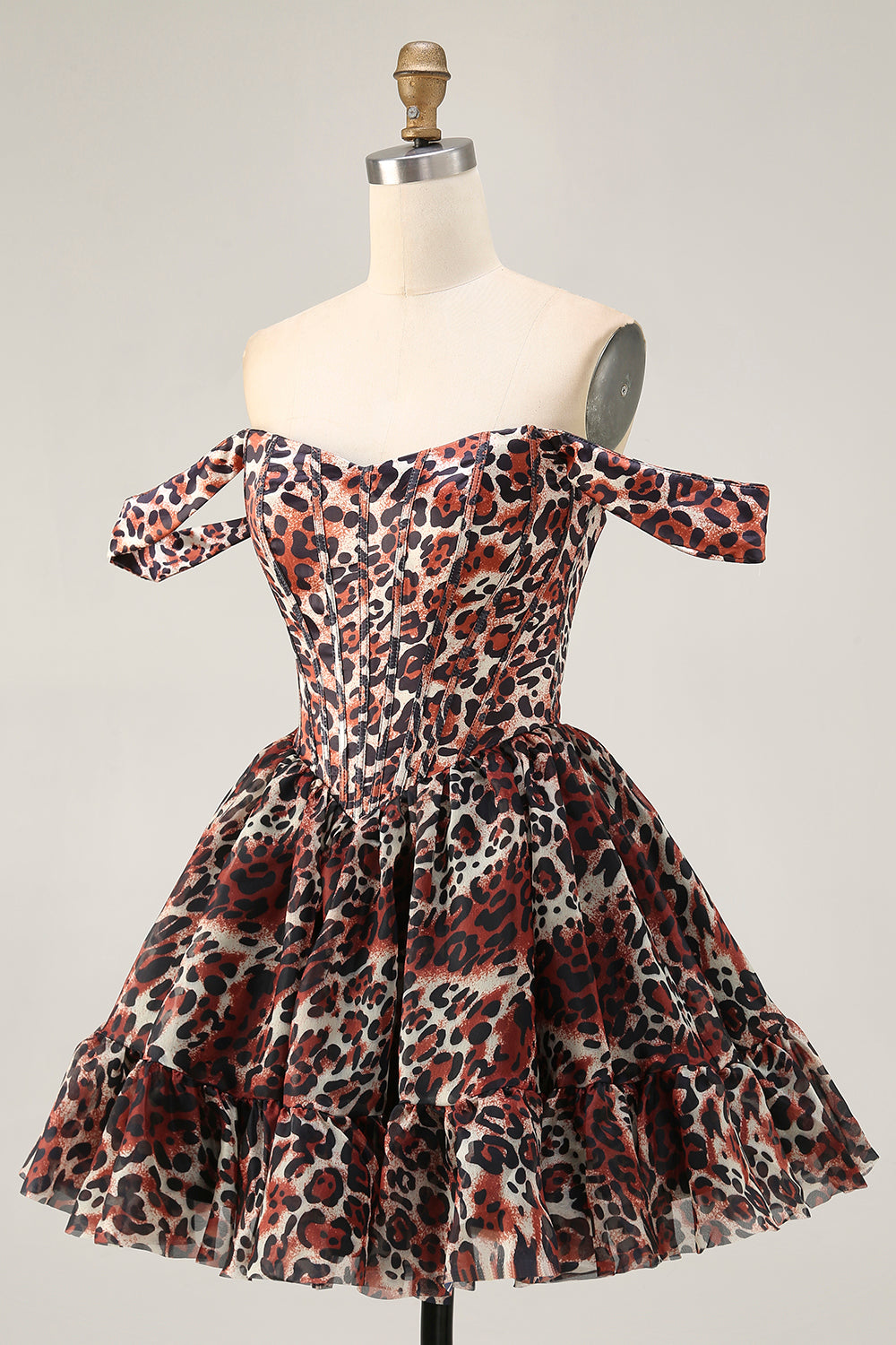 Khaki Cheetah Print Corset Off the Shoulder Short Homecoming Dress