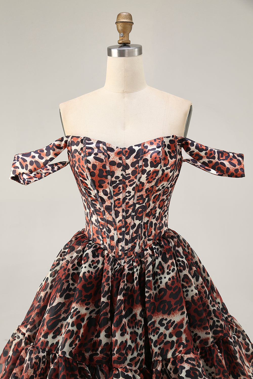 Khaki Cheetah Print Corset Off the Shoulder Short Homecoming Dress