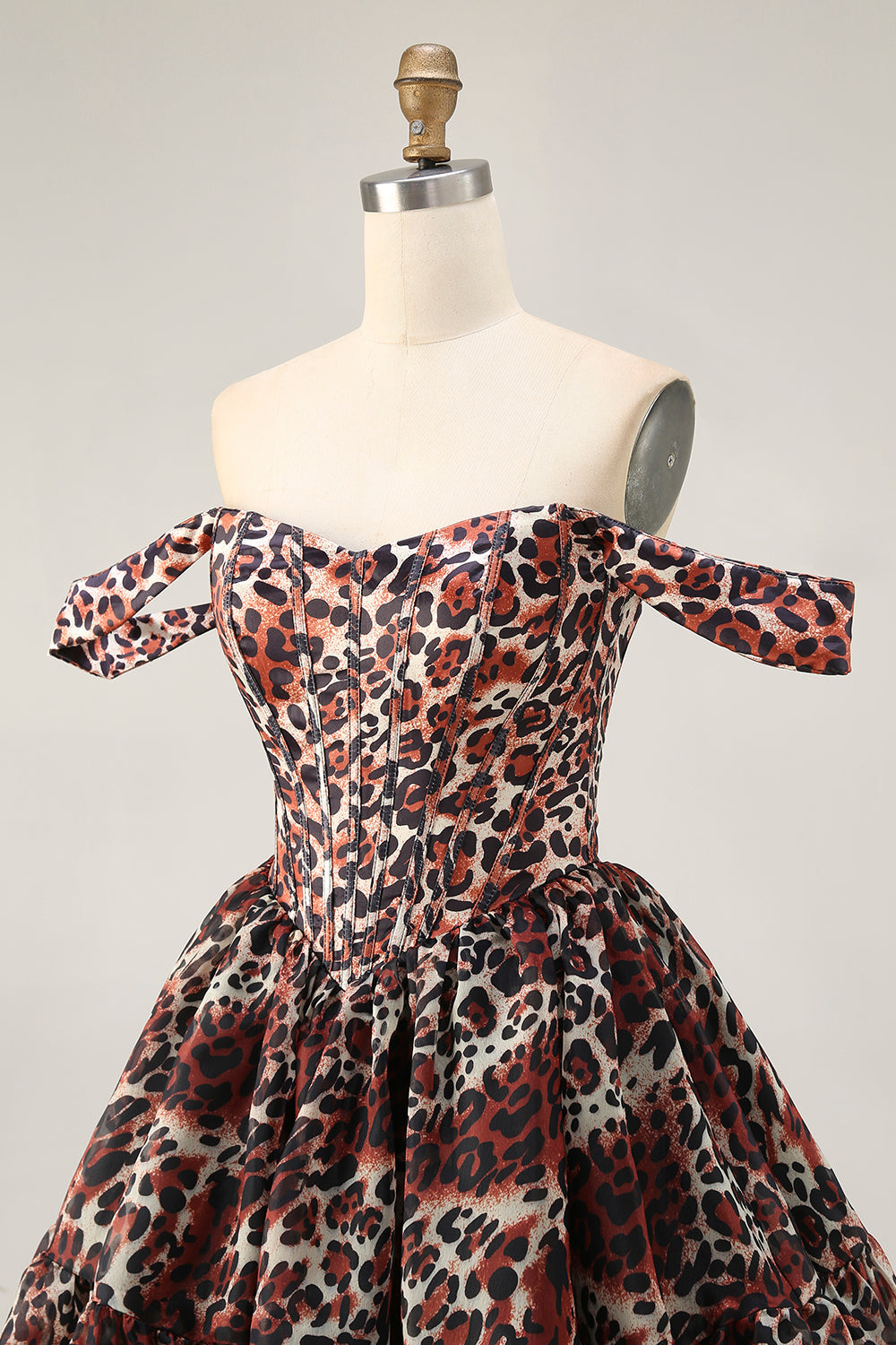 Khaki Cheetah Print Corset Off the Shoulder Short Homecoming Dress