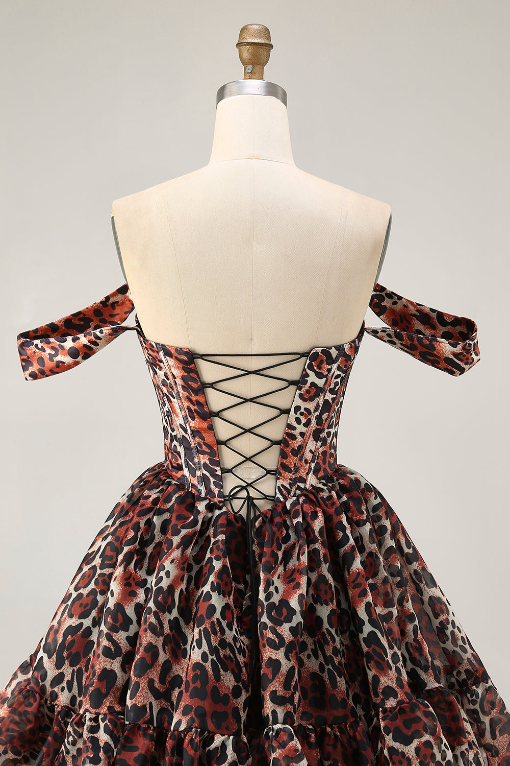 Khaki Cheetah Print Corset Off the Shoulder Short Homecoming Dress