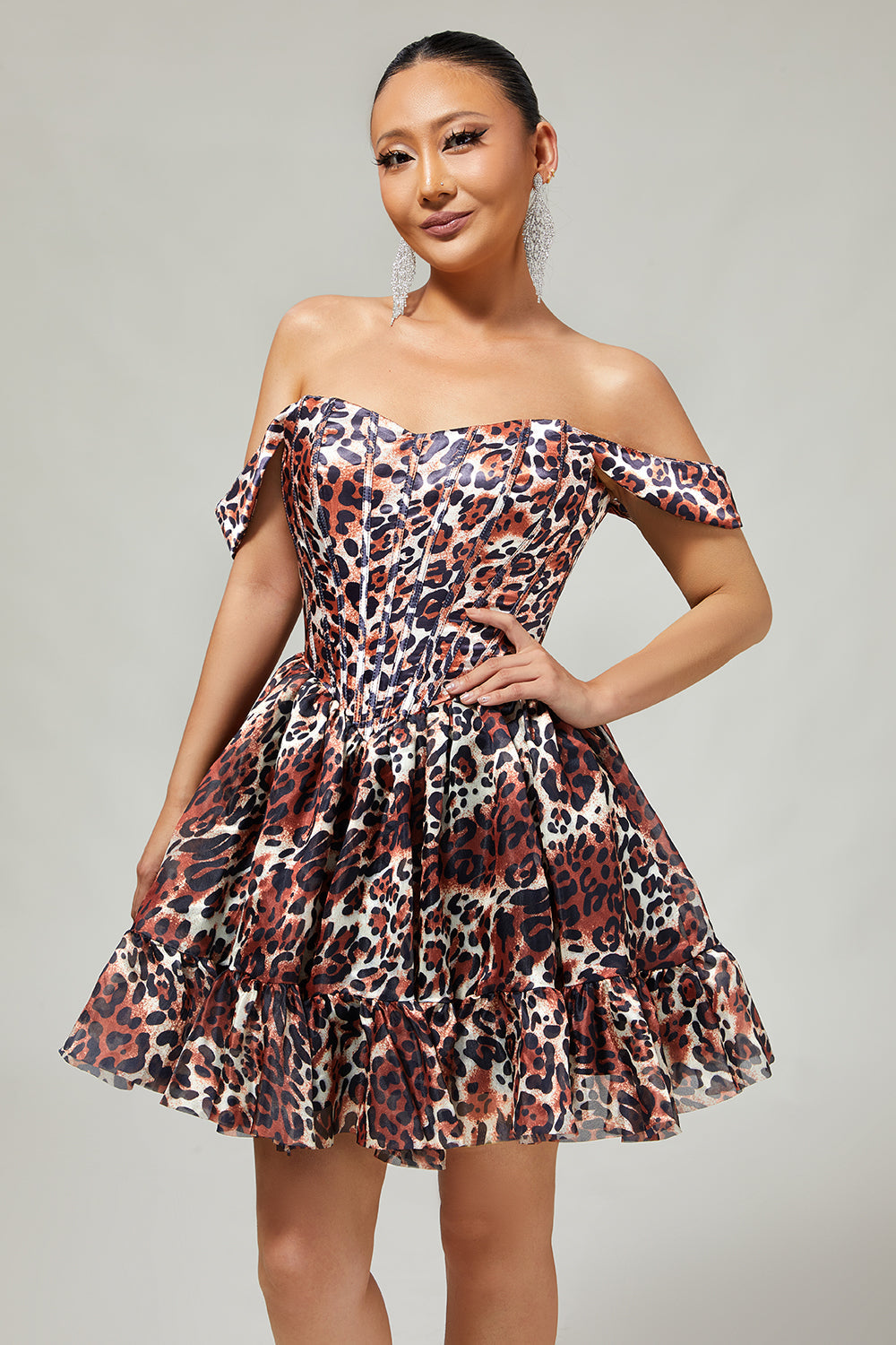 Khaki Cheetah Print Corset Off the Shoulder Short Homecoming Dress