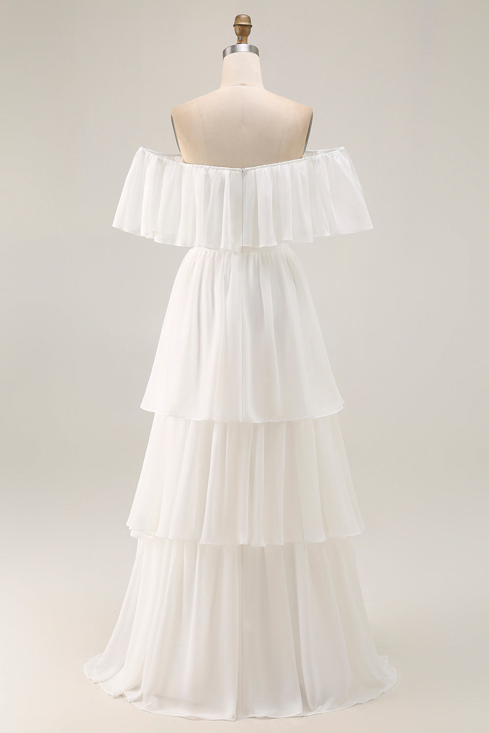 White Chiffon Off the Shoulder Tiered Boho Sweep Train Wedding Dress
