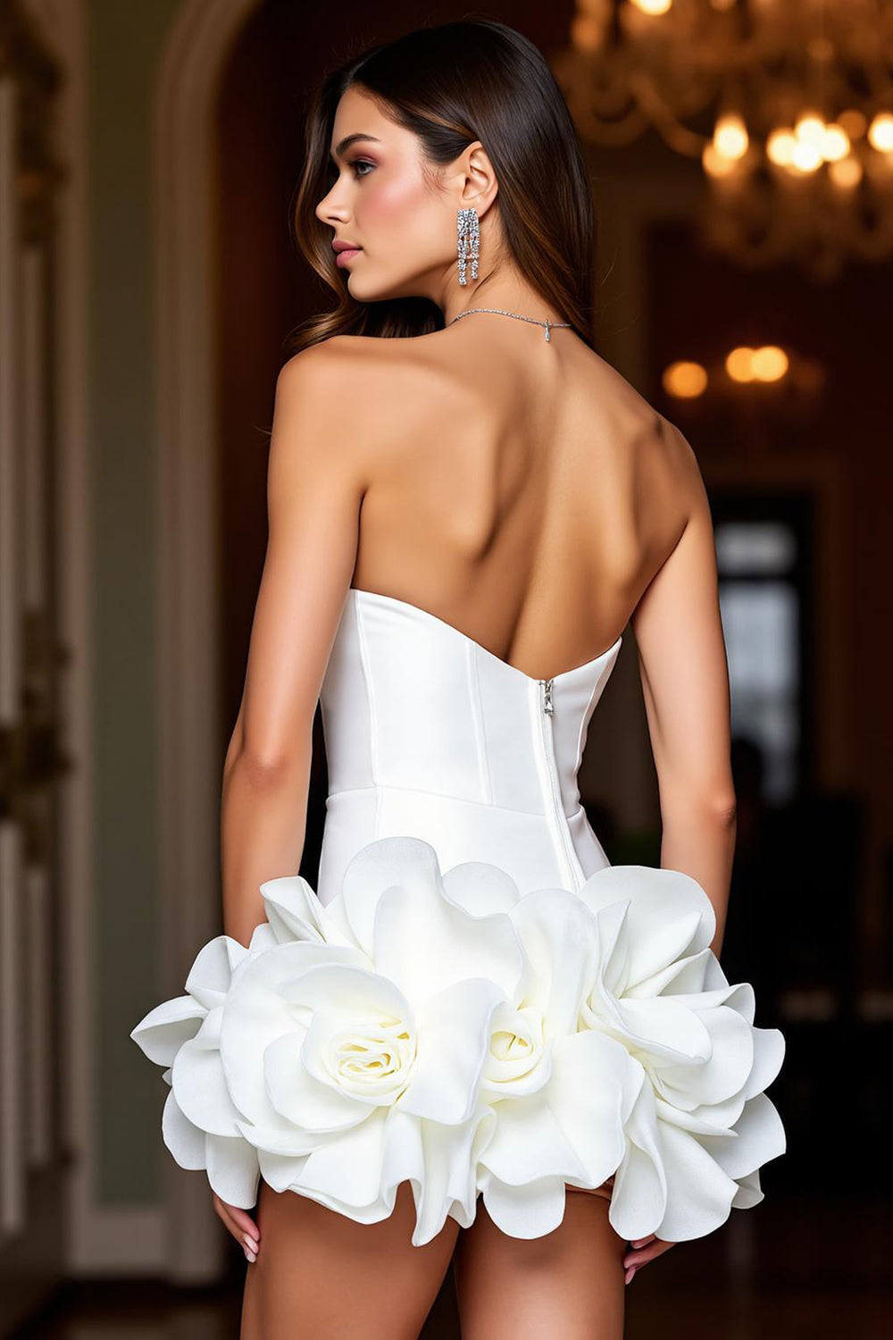 Bodycon Strapless Short White Homecoming Dress with 3D Flower