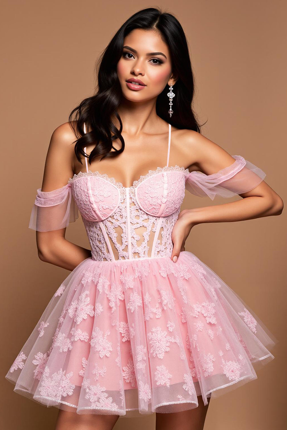 Lace Pink Tulle Corset A Line Short Homecoming Dress