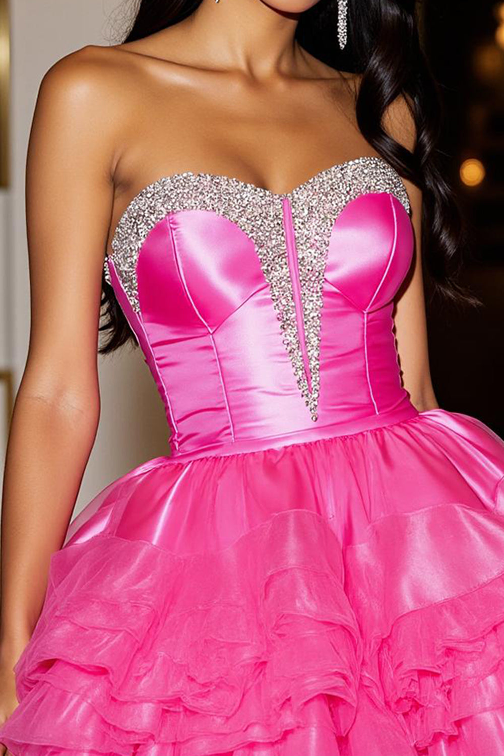 Sparkly Fuchsia Corset Organza Short Homecoming Dress with Ruffles