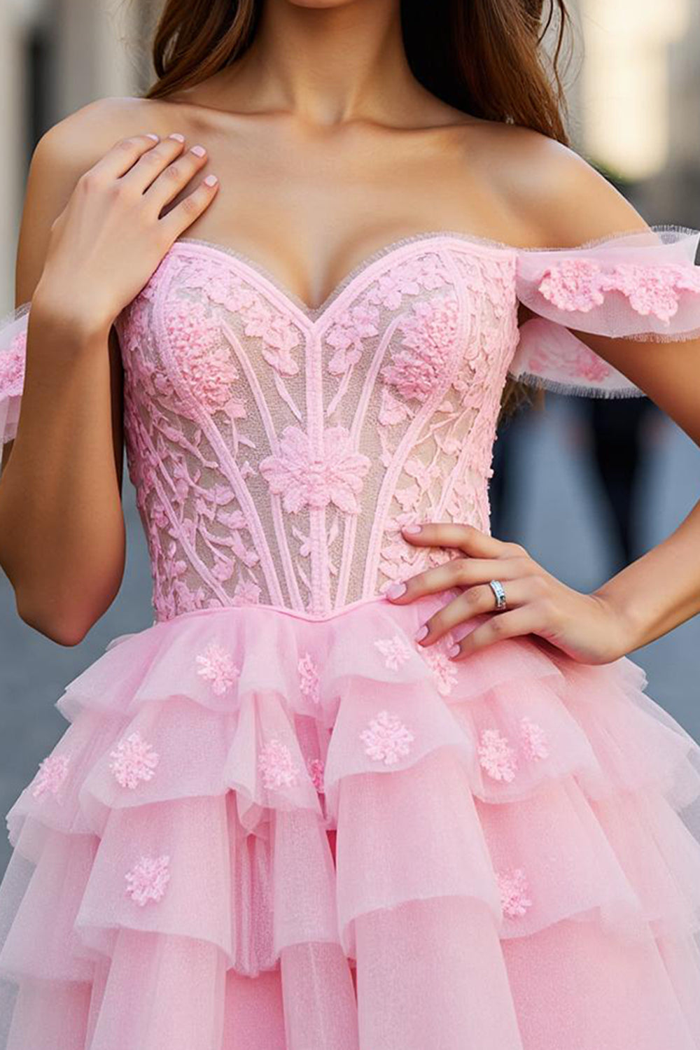 Pink Tulle A Line Ruffled Short Corset Homecoming Dress with Appliques