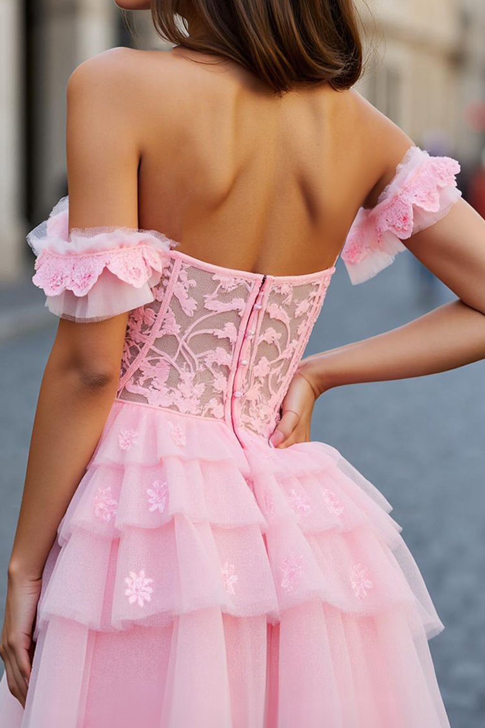 Pink Tulle A Line Ruffled Short Corset Homecoming Dress with Appliques