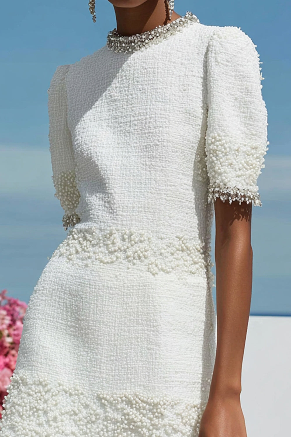 Sparkly White Tweed Tight Short Homecoming Dress with Pearls