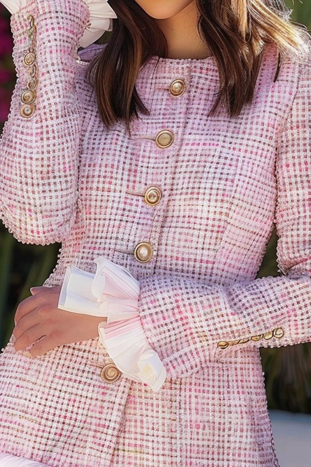 Pink Plaid Ruffled Tight Short Tweed Homecoming Dress with Buttons