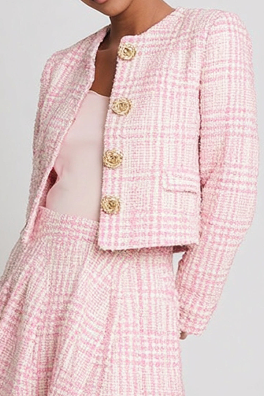 Pink Tweed Plaid 2 Piece Homecoming Outfits with Buttons