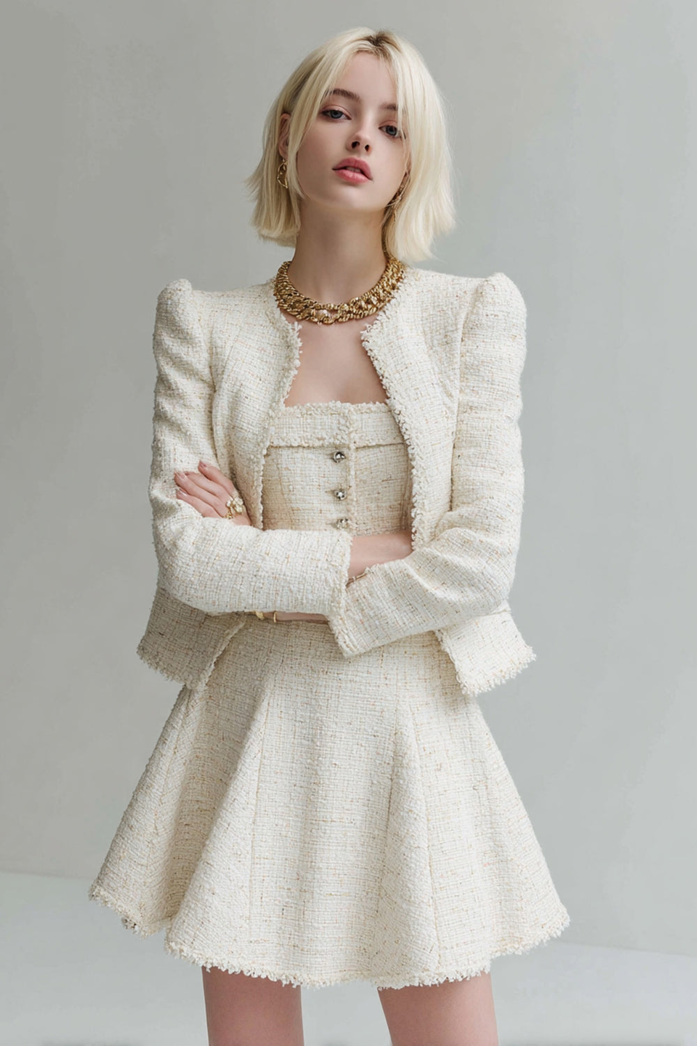 White 2 Piece Tweed Long Sleeves Homecoming Outfits