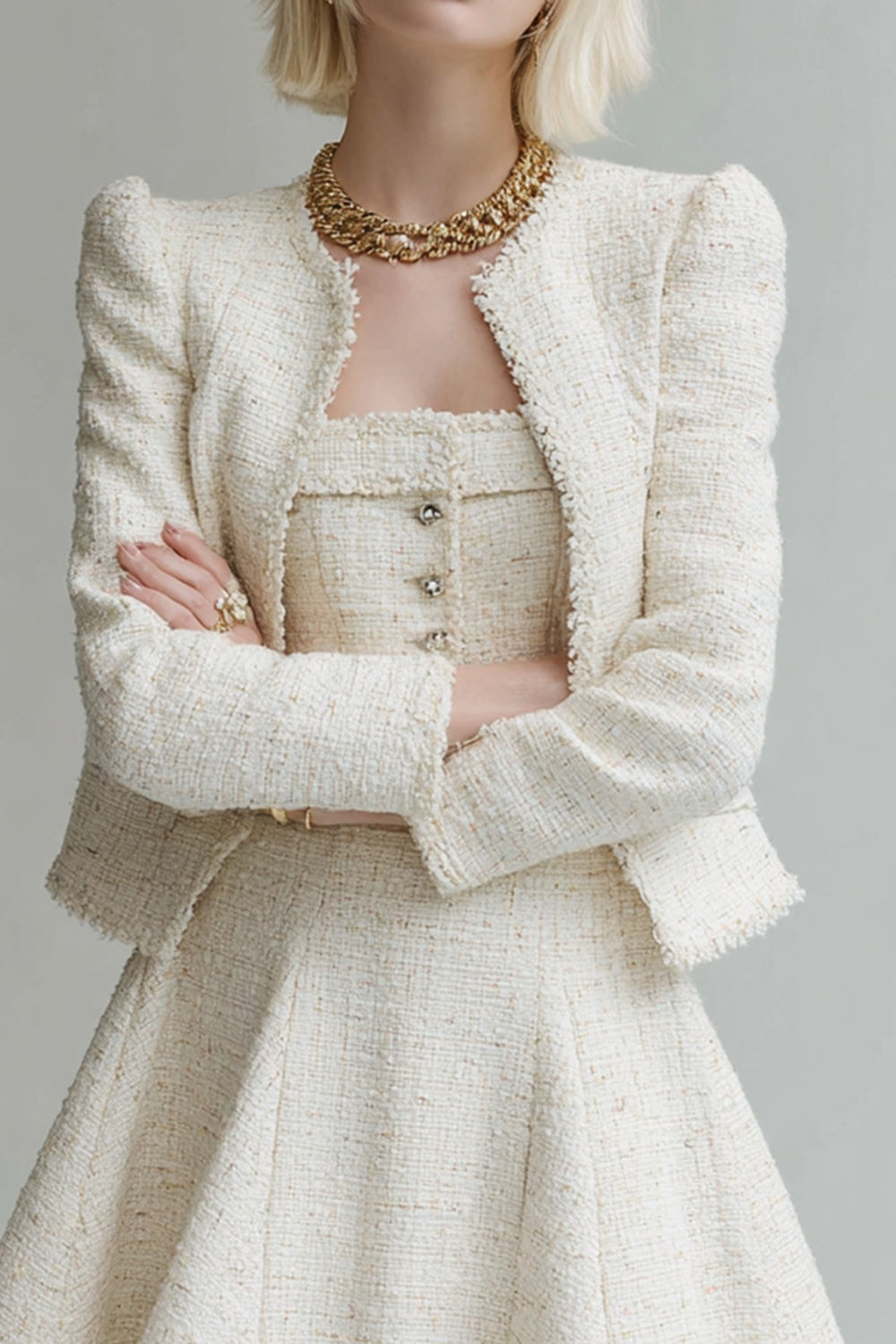 White 2 Piece Tweed Long Sleeves Homecoming Outfits