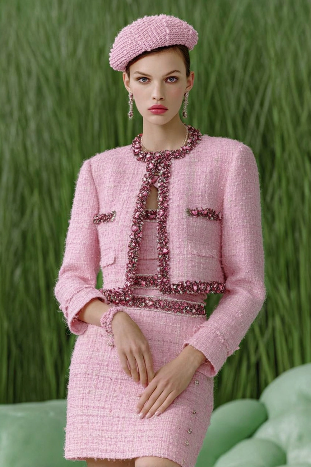 Sparkly Pink 3 Piece Tweed Homecoming Outfits with Rhinestones