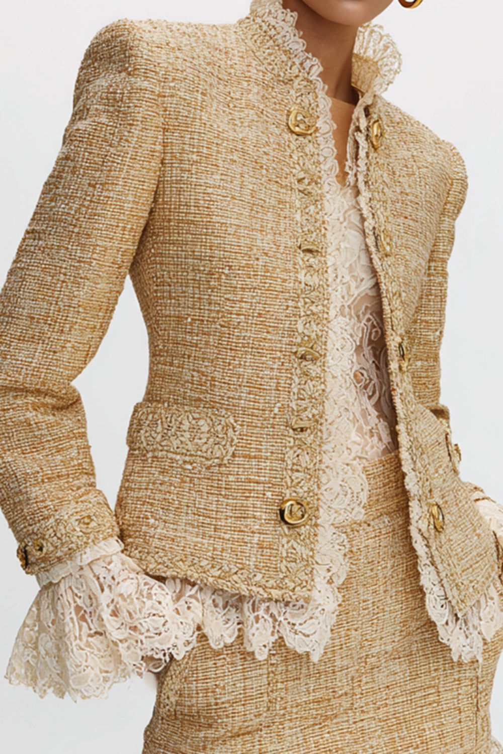 Golden Tight 2 Piece Tweed High Neck Homecoming Outfits with Lace