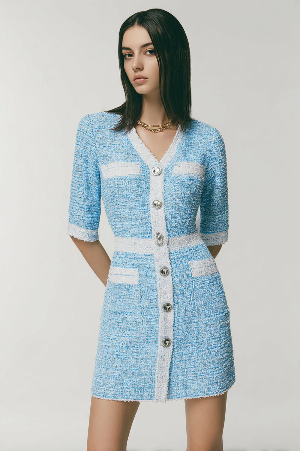 Blue Bodycon Short Fitted Tweed Homecoming Dress