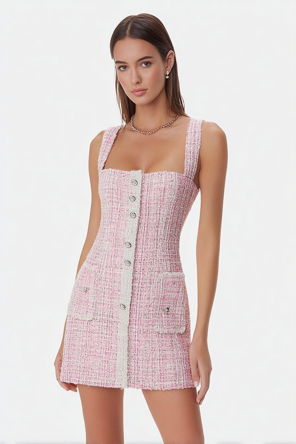 Pink Tight Square Neck Tweed Short Homecoming Dress with Buttons