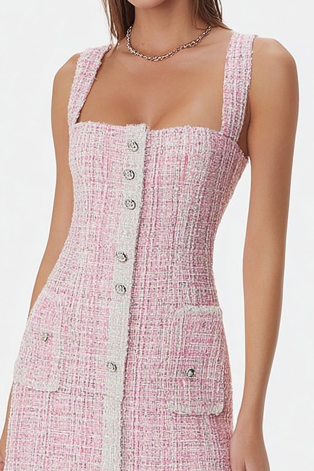 Pink Tight Square Neck Tweed Short Homecoming Dress with Buttons