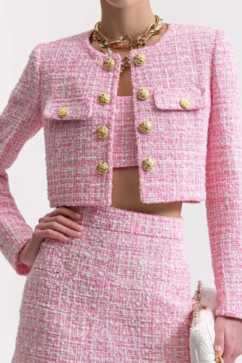 3 Piece Pink Tweed Short Blazer Homecoming Outfits with Pockets