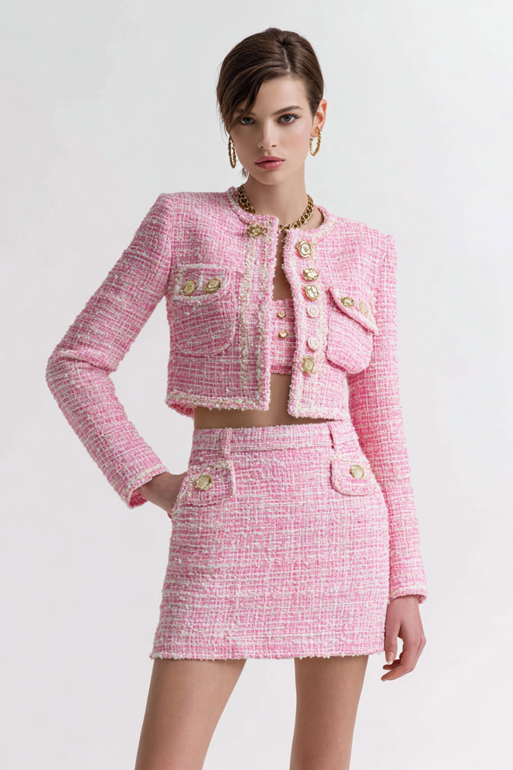 Pink Tweed 3 Piece Short Blazer Homecoming Outfits with Pockets
