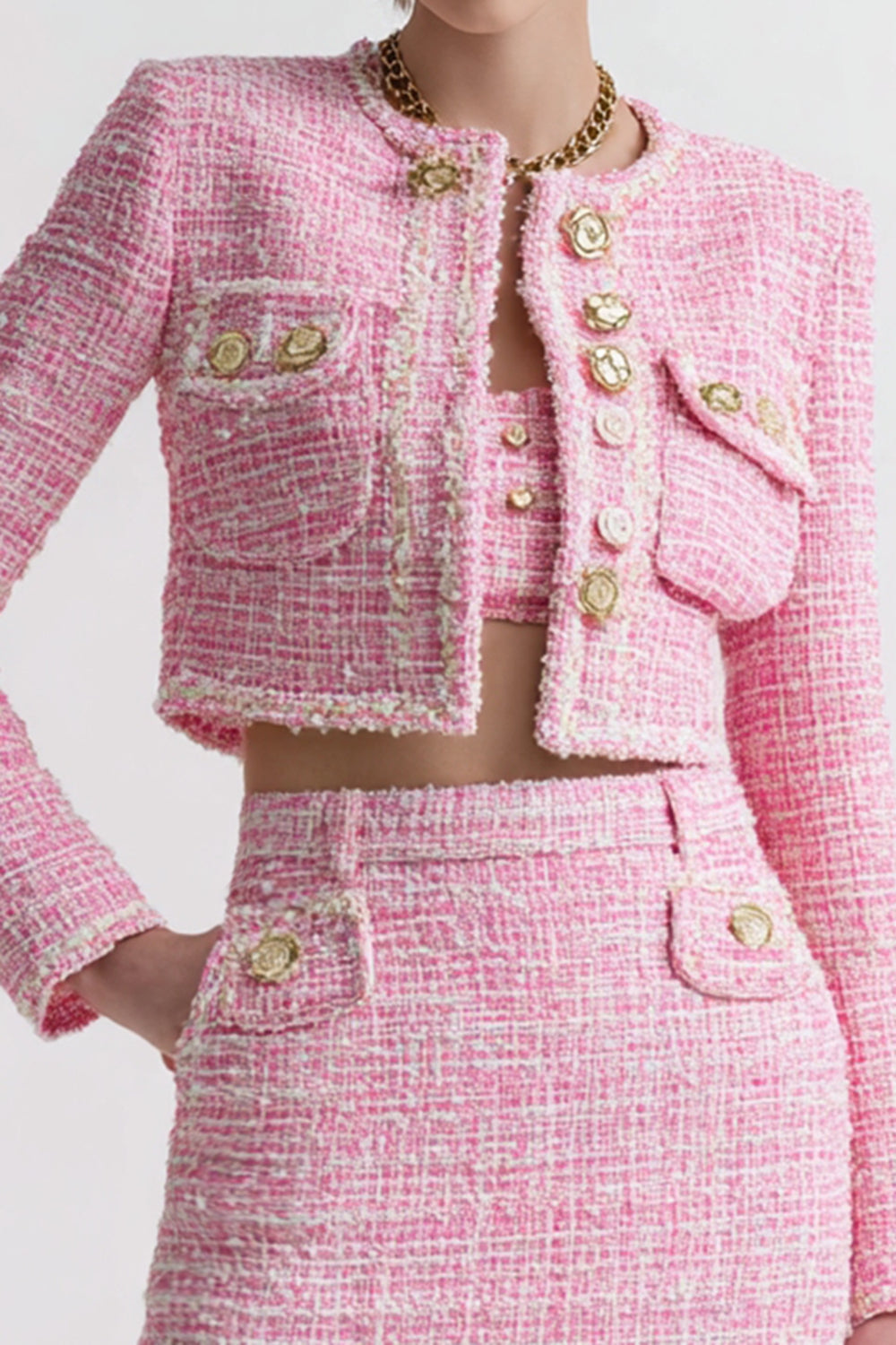 Pink Tweed 3 Piece Short Blazer Homecoming Outfits with Pockets