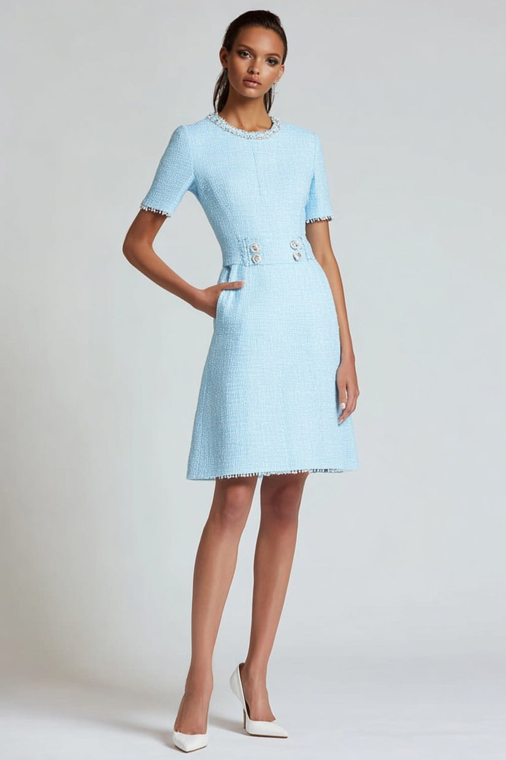 Blue Tweed A Line Round Neck Short Sleeves Homecoming Dress with Pockets