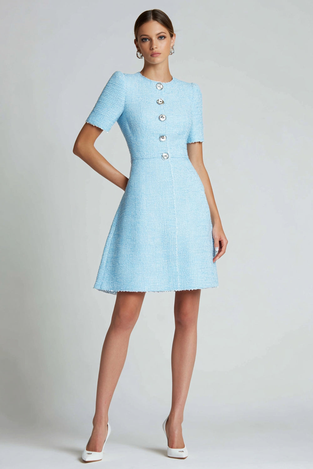 Tweed Blue A Line Buttons Short Sleeves Homecoming Dress