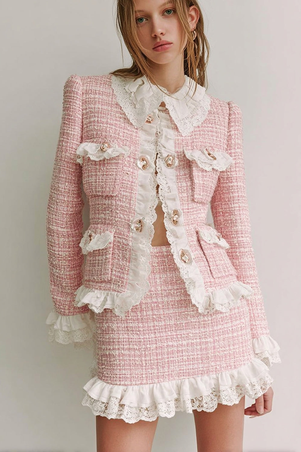 Pink Tweed 2 Piece Lapel Short Blazer Homecoming Outfits with Ruffles