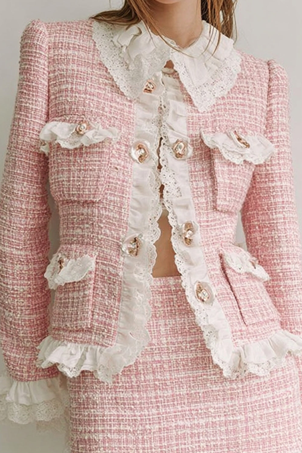 Pink Tweed 2 Piece Lapel Short Blazer Homecoming Outfits with Ruffles