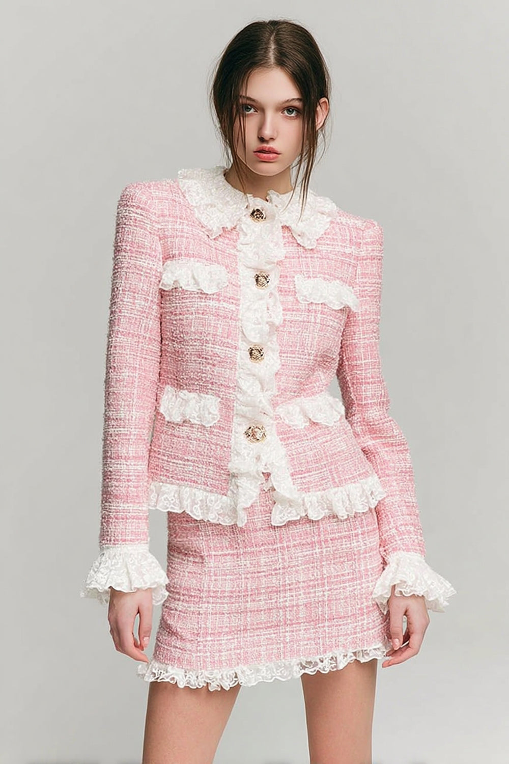 Pink Tweed Blazer 2 Piece Short Homecoming Outfits with Lace