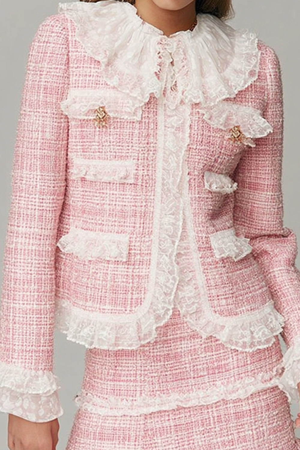 Pink Ruffled 2 Piece Tweed Blazer Short Homecoming Outfits with Lace