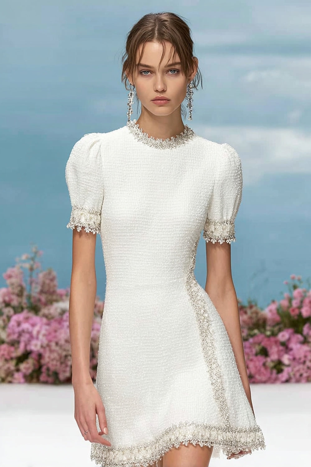 White Tweed Round Neck Short Sleeves Homecoming Dress with Appliques