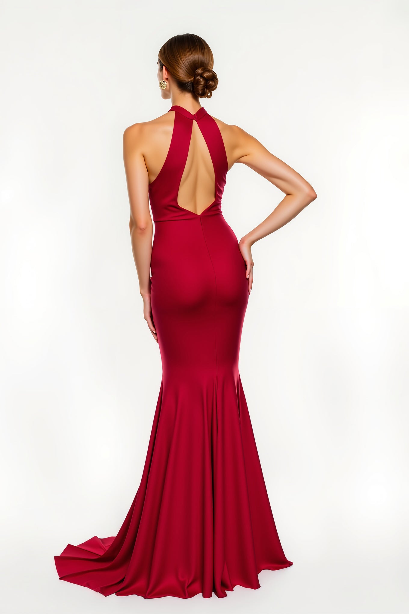 Red Satin V-Neck Mermaid Long Holiday Party Dress with Slit