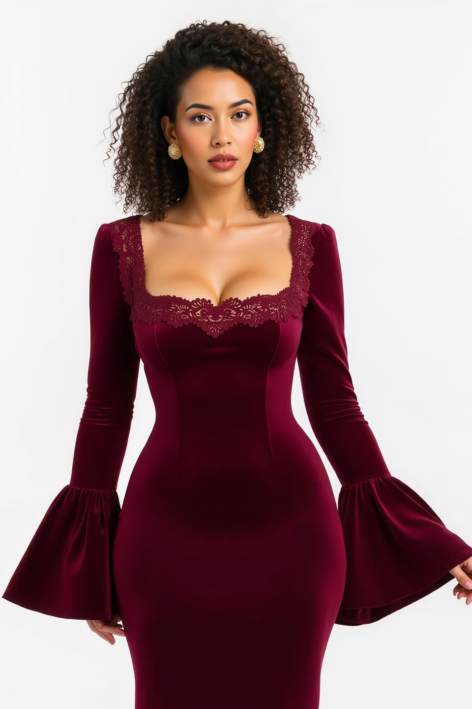 Burgundy Sheath Square Neck Long Holiday Party Dress with Sleeves