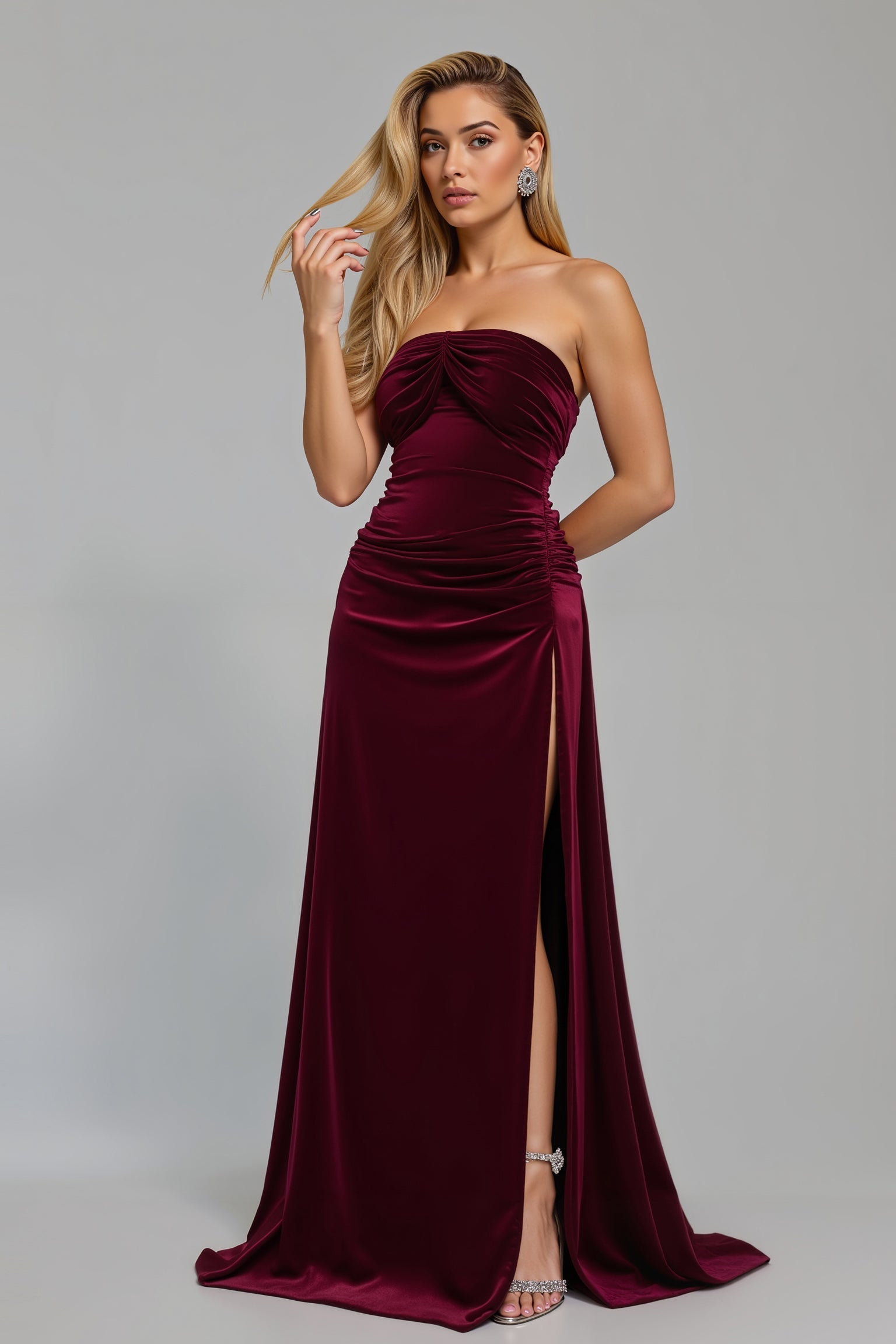 Burgundy Ruched Strapless Long Holiday Party Dress with Slit